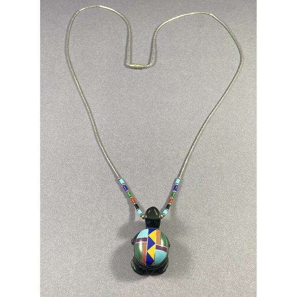 Zuni Necklace Hand Carved Onyx Multi Stone Inlaid Turtle Pendant Necklace - Picture 9 of 9